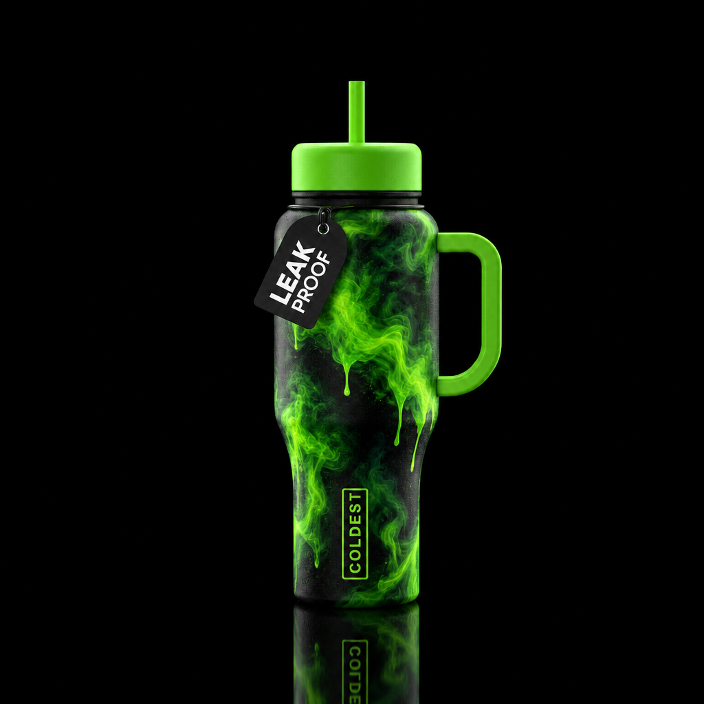 Black bottle toxic shock green oozing smoky, neon,... water bottle design