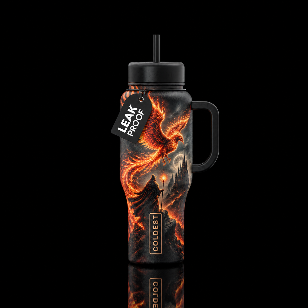 scary, realism, fantasy,phoenix, wizard, mythical water bottle design