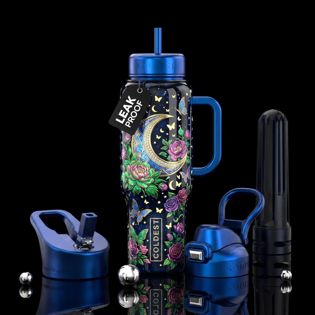 Moon and flowers and butterflies oh my water bottle design