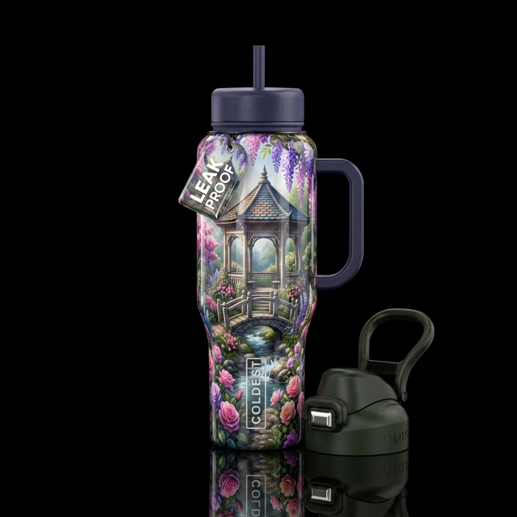 Serene gazebo scene water bottle design