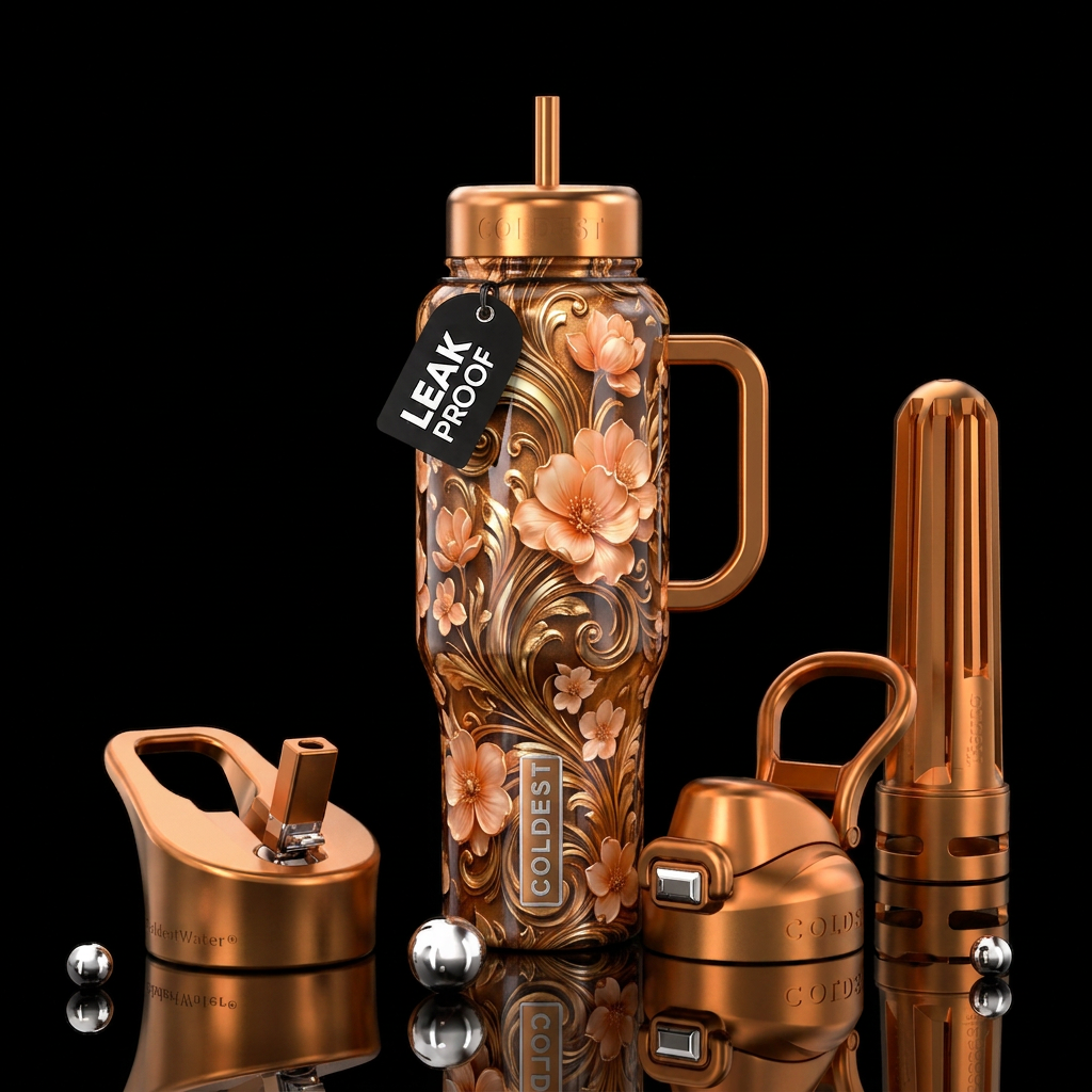 Golden flowers water bottle design