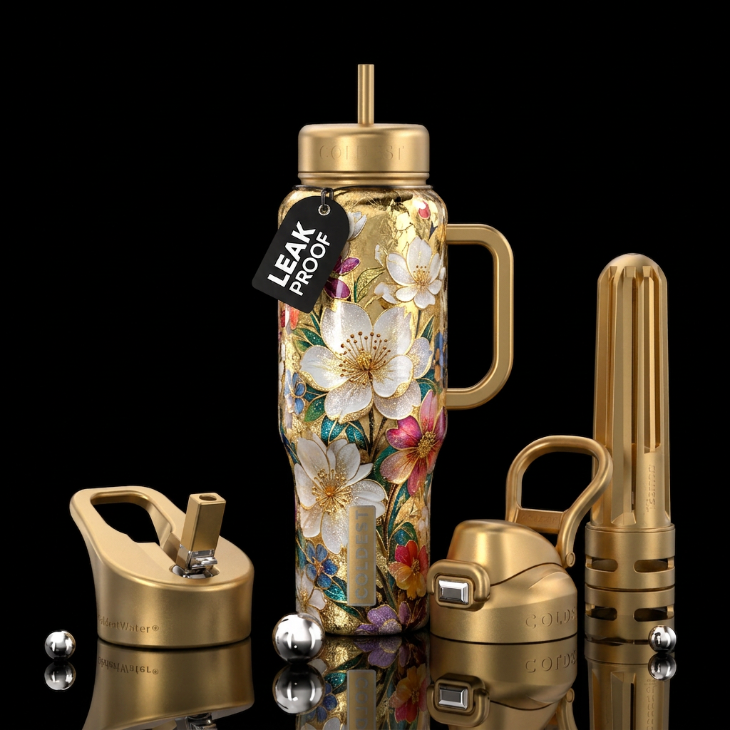 Flowers and gold water bottle design
