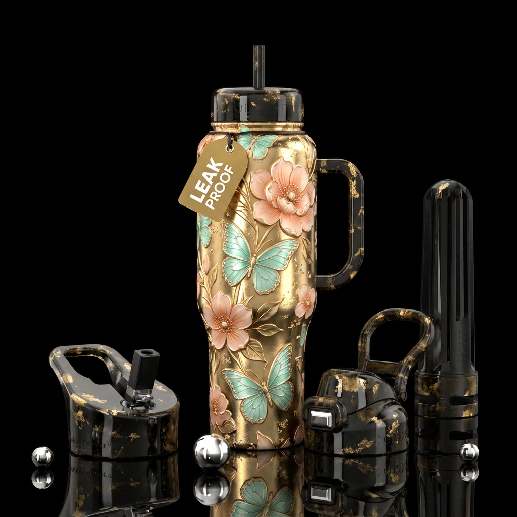 Butterflies and flowers water bottle design