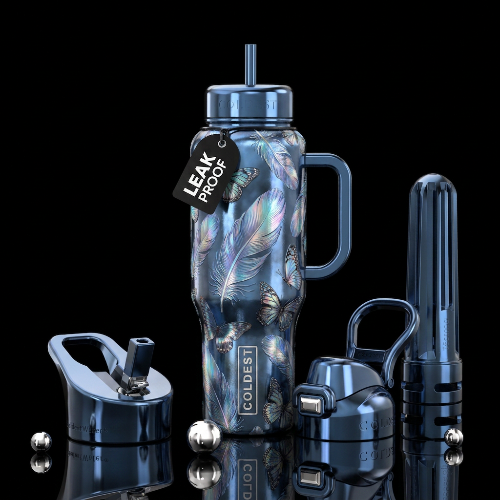 Butterflies and feathers water bottle design