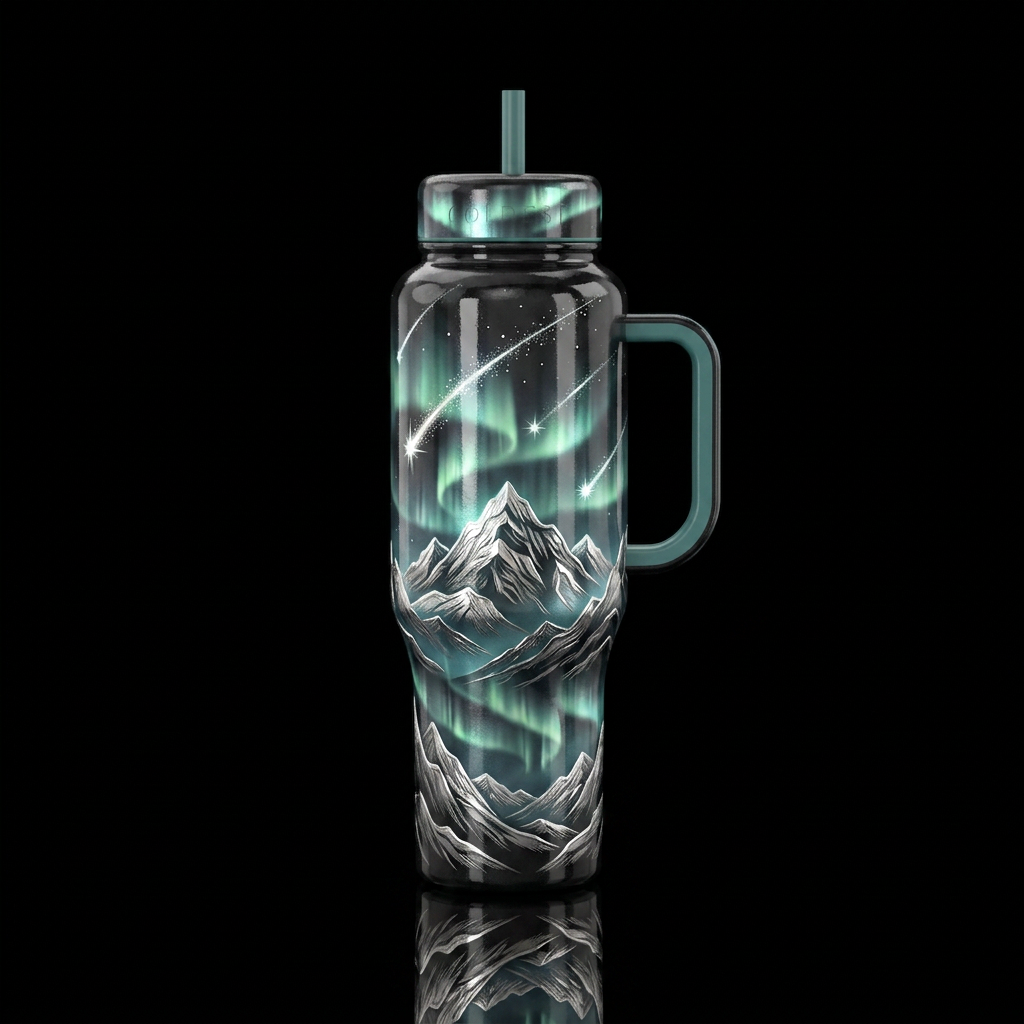Northern lights and shooting stars water bottle design