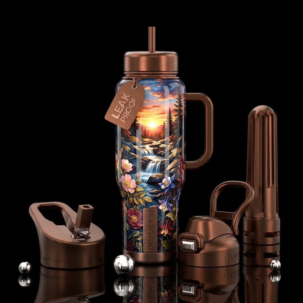 Sunset on a rocky waterfall water bottle design