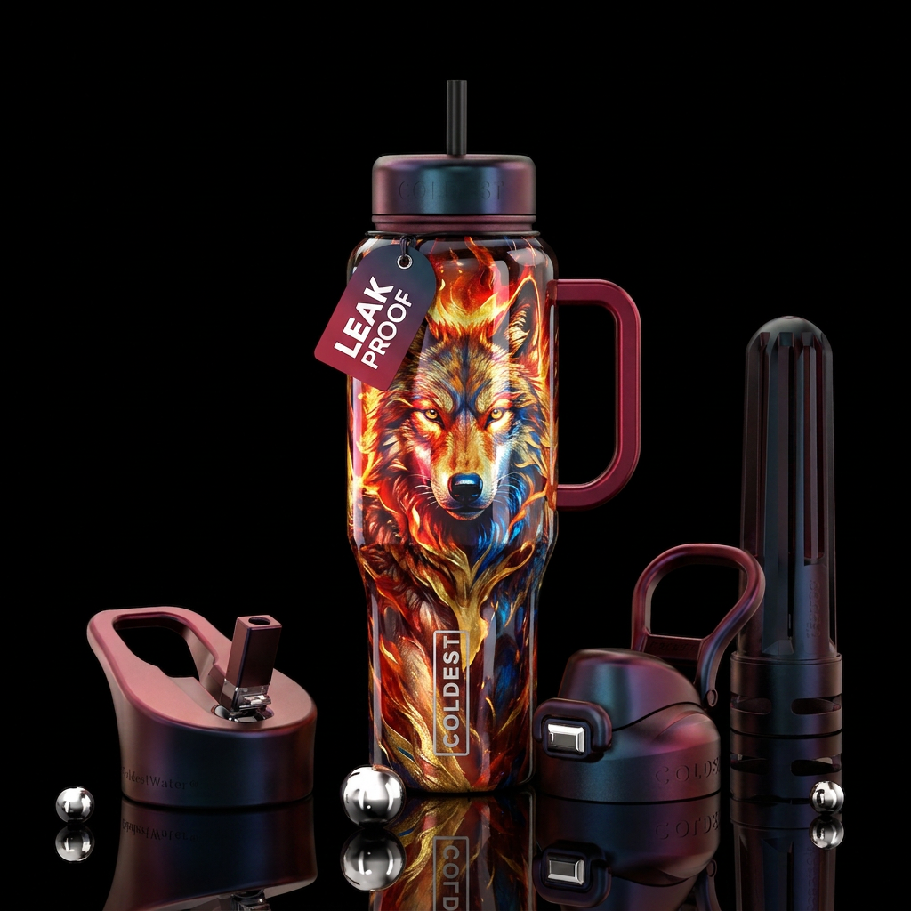 Flaming wolf water bottle design