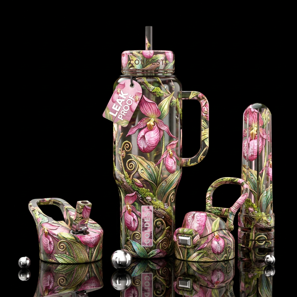 Pink Lady slipper water bottle design