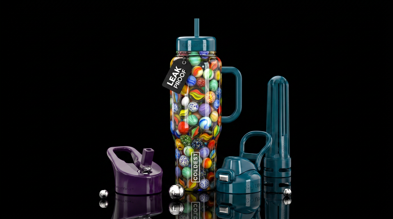 A cup full of marbles water bottle design