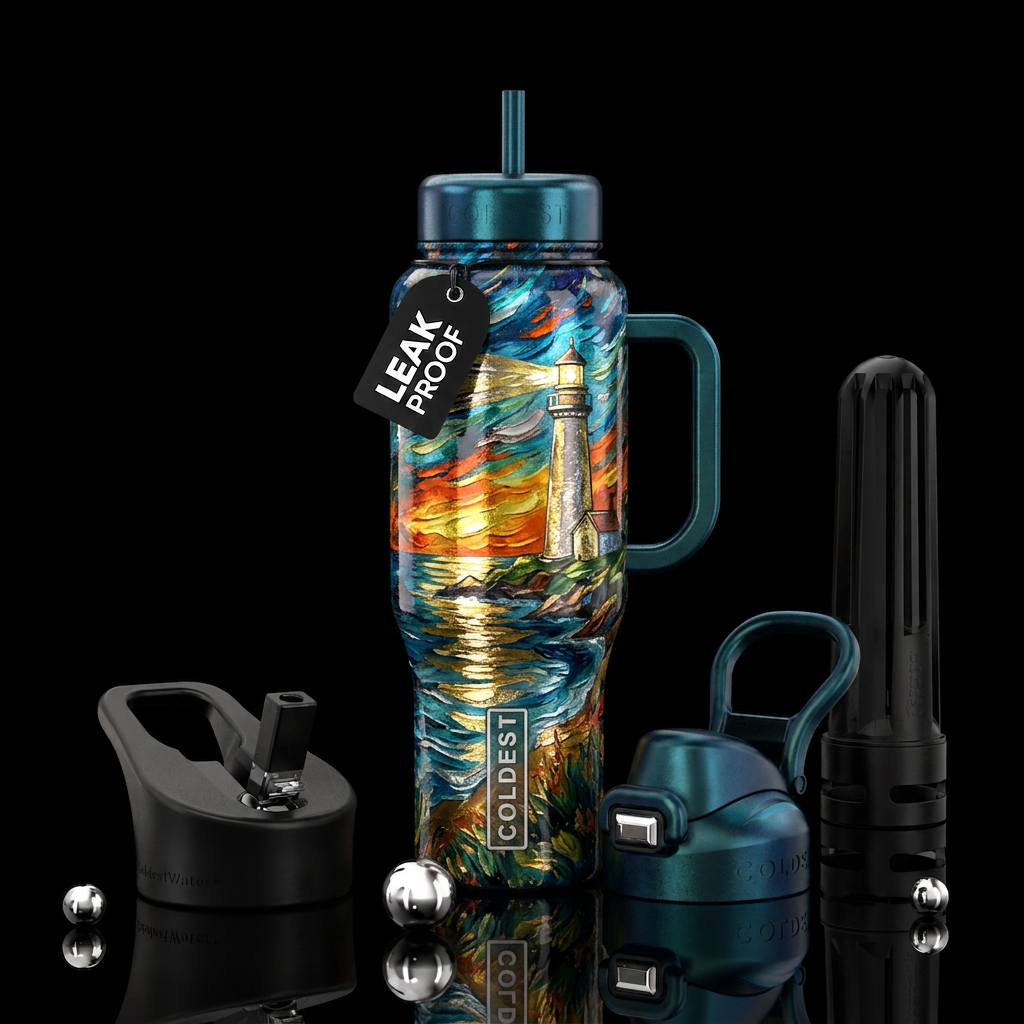 Painted lighthouse water bottle design