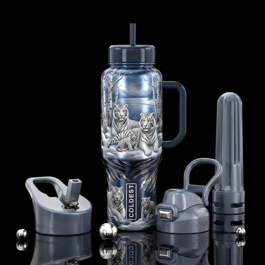 White Siberian tigers water bottle design