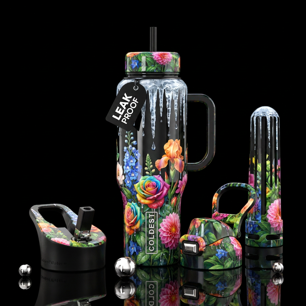 Icy flowers water bottle design