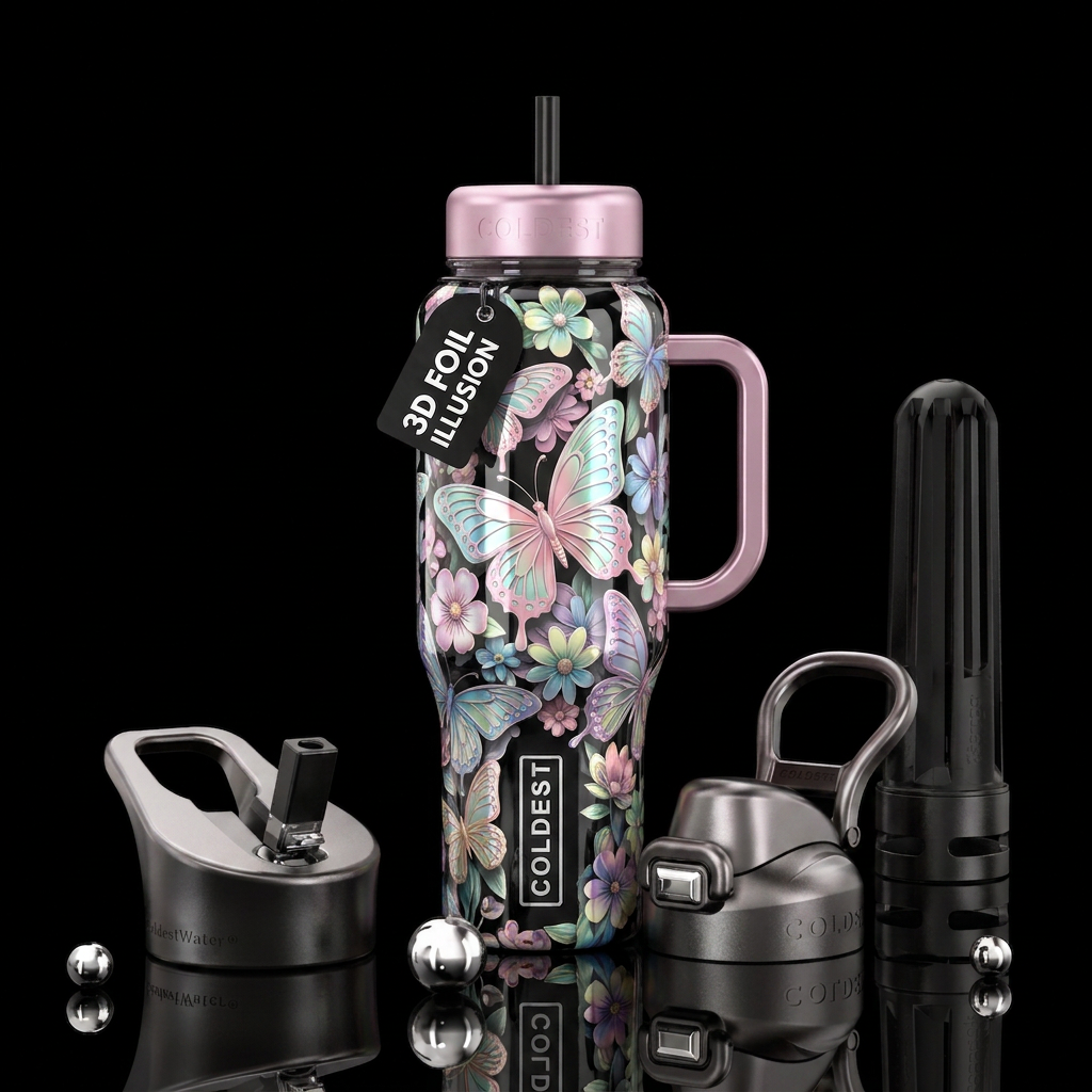 Dripping butterflies and flowers water bottle design
