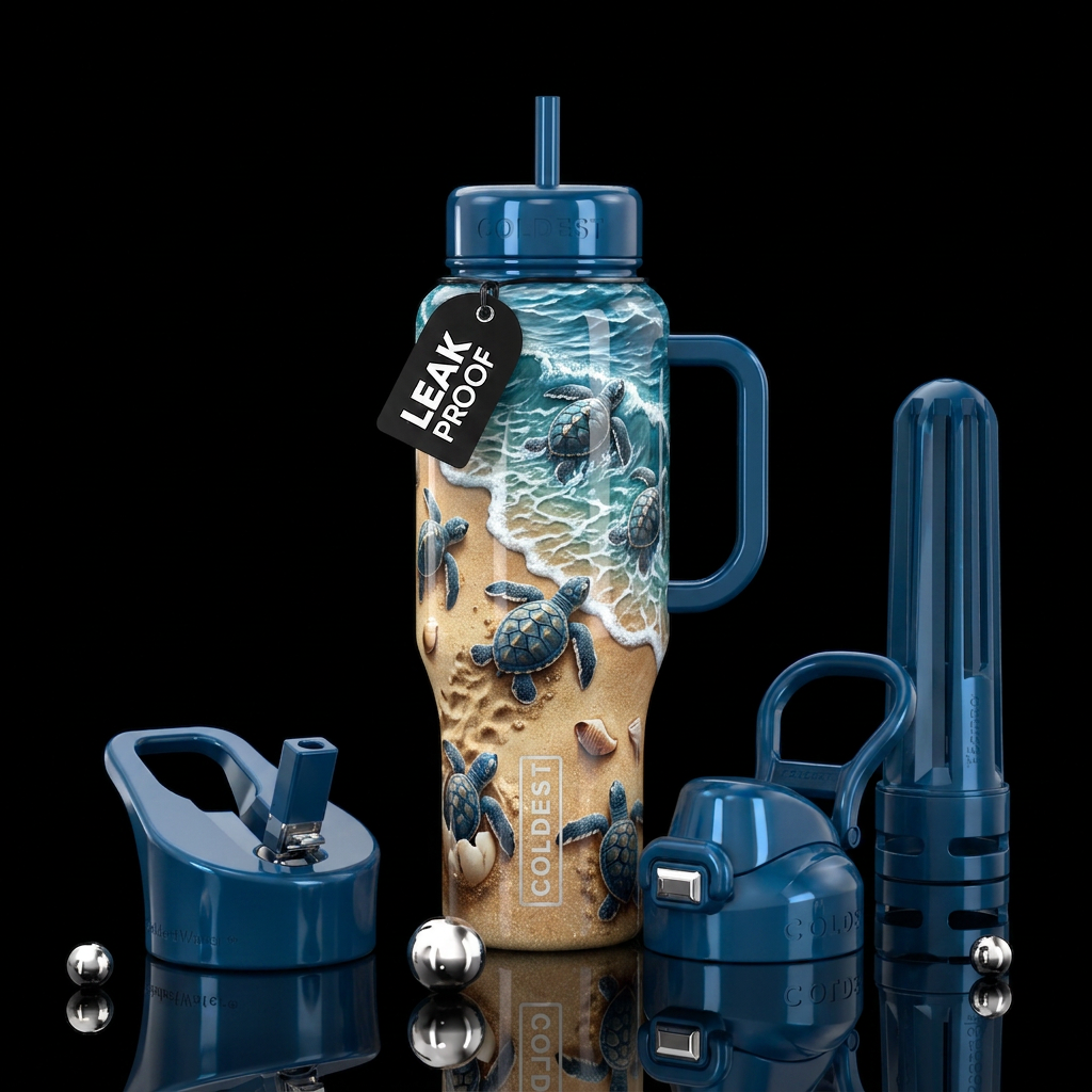Hatching sea turtles heading into ocean water bottle design