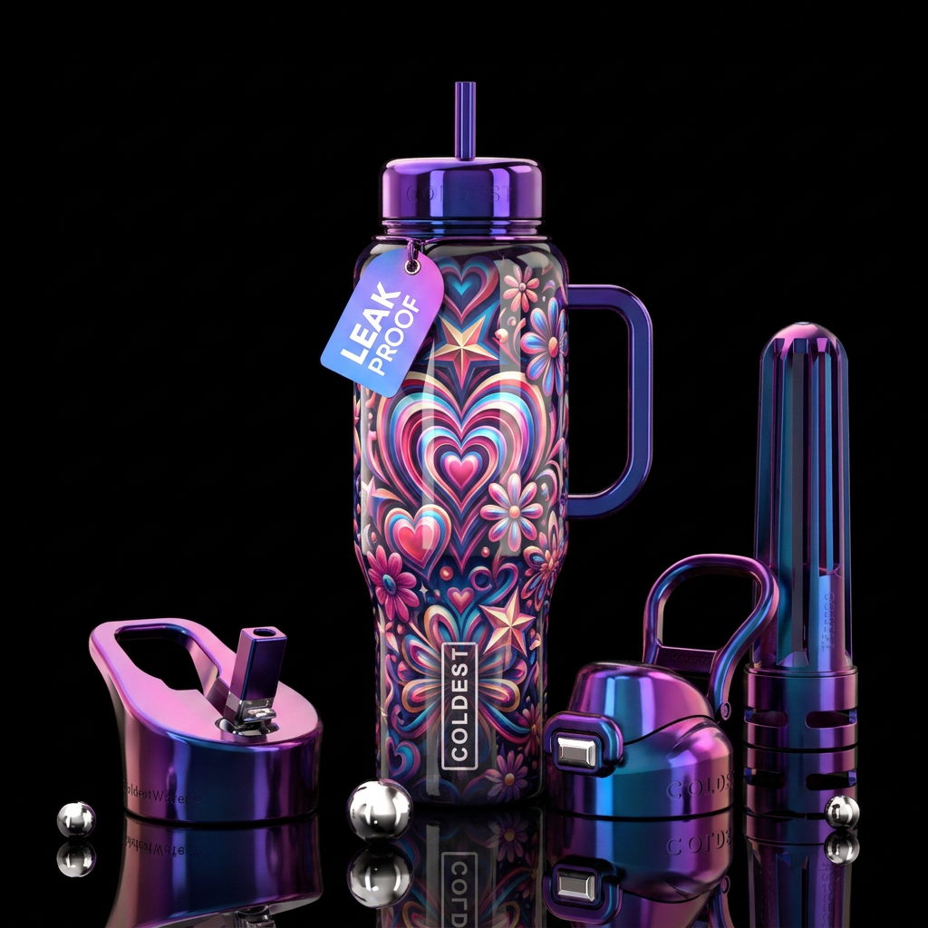 Hearts, stars and flowers water bottle design