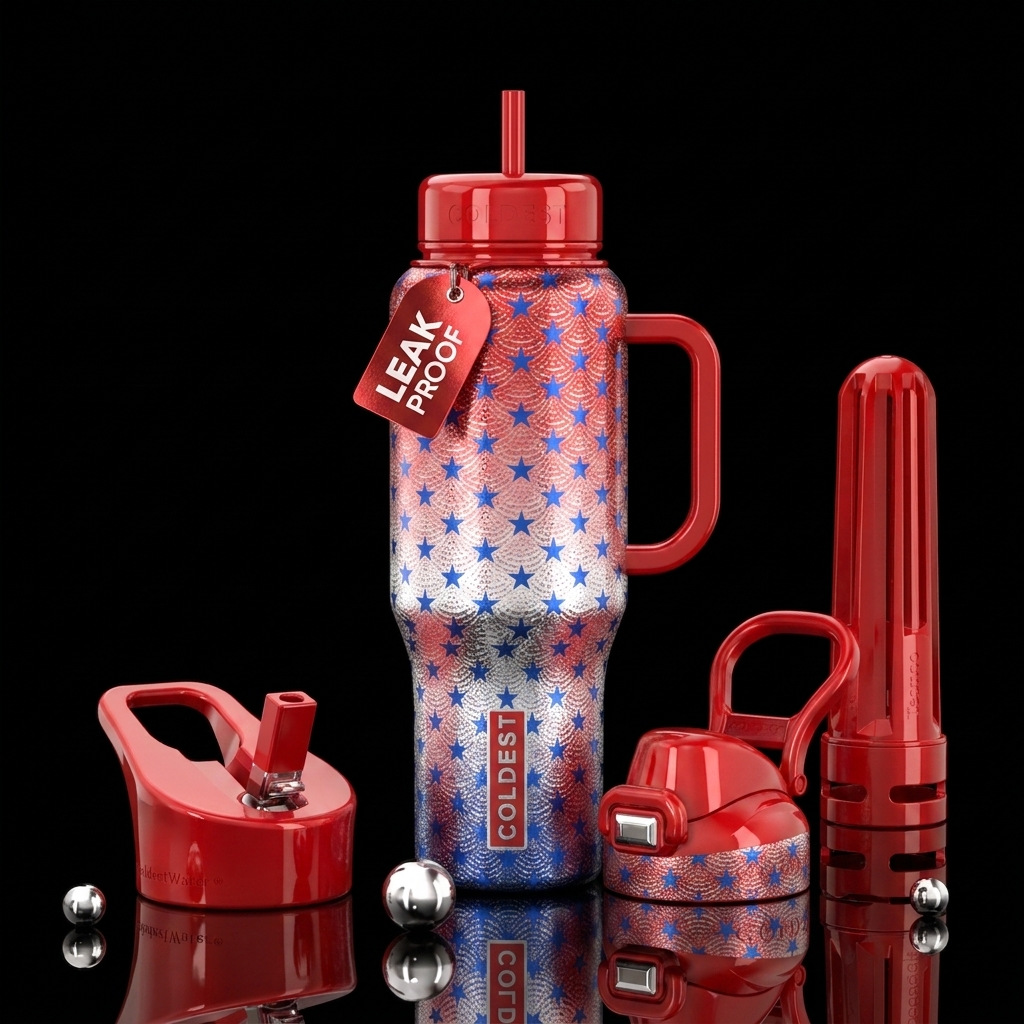The red white and blue water bottle design