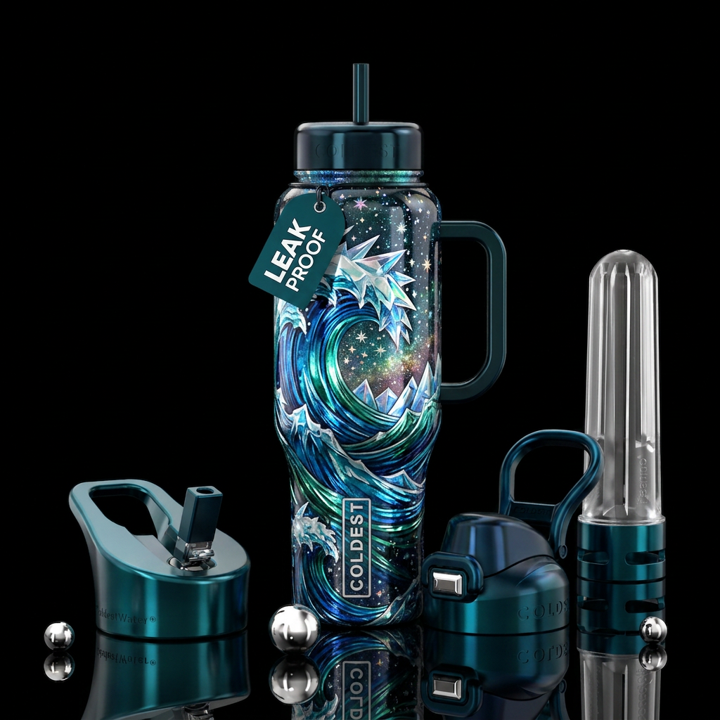 Coasting on icy waves water bottle design