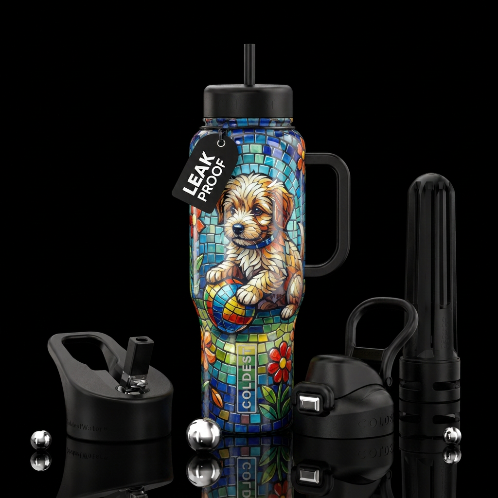 Mosaic puppy water bottle design