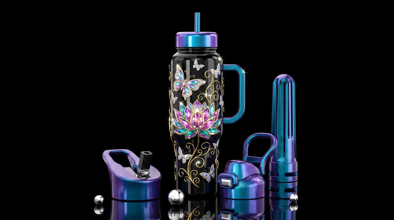 Crystal butterflies and flowers water bottle design