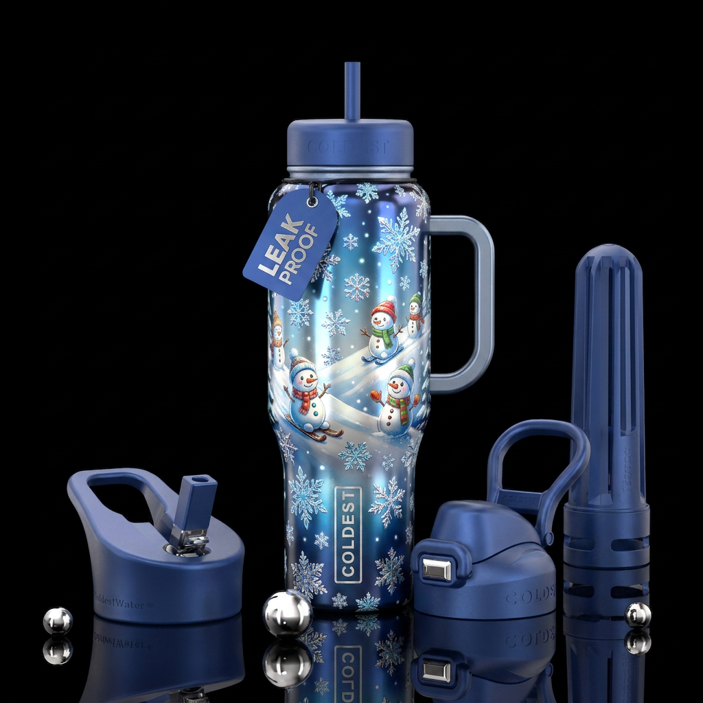 sledding snowmen water bottle design