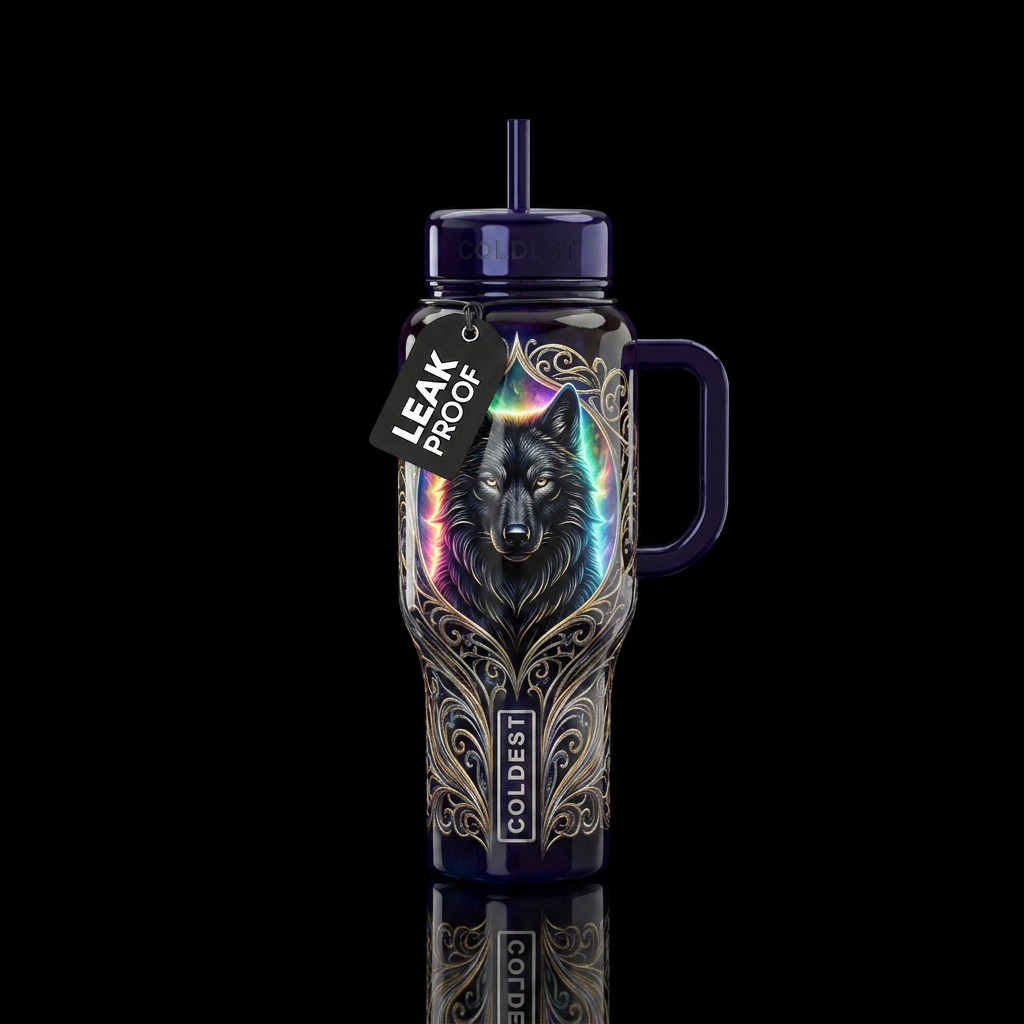 Majestic wolf water bottle design