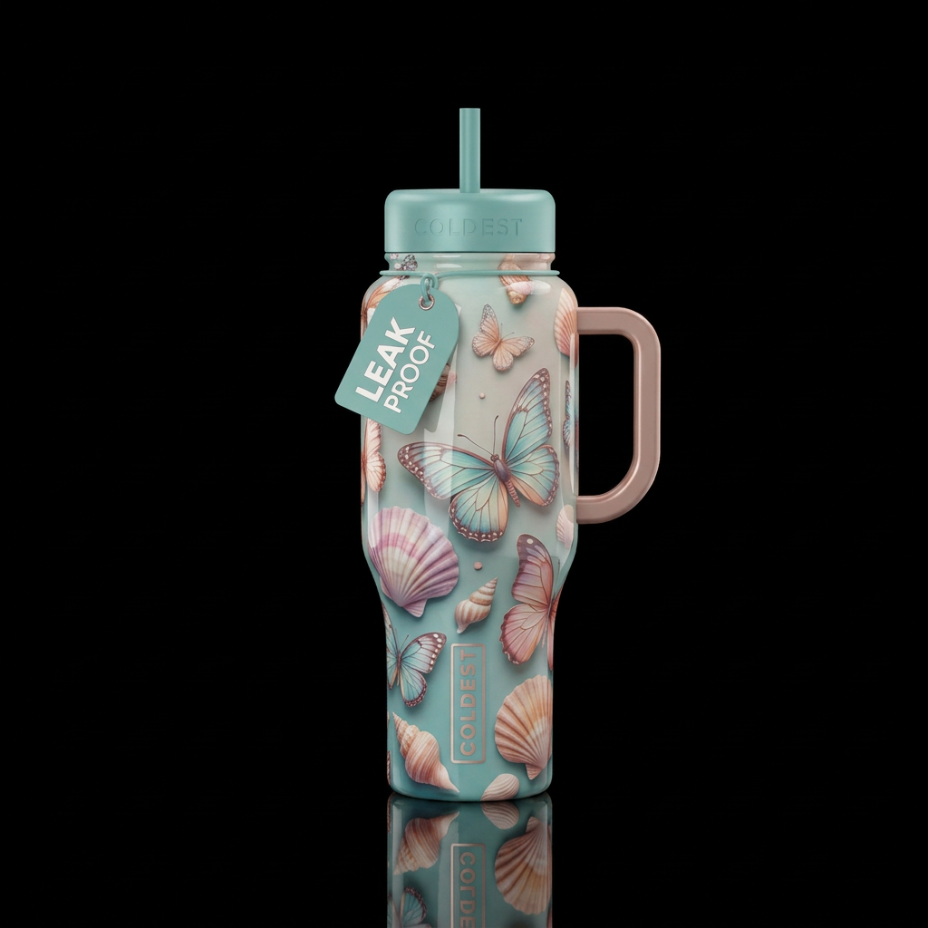 Butterflies and seashells water bottle design