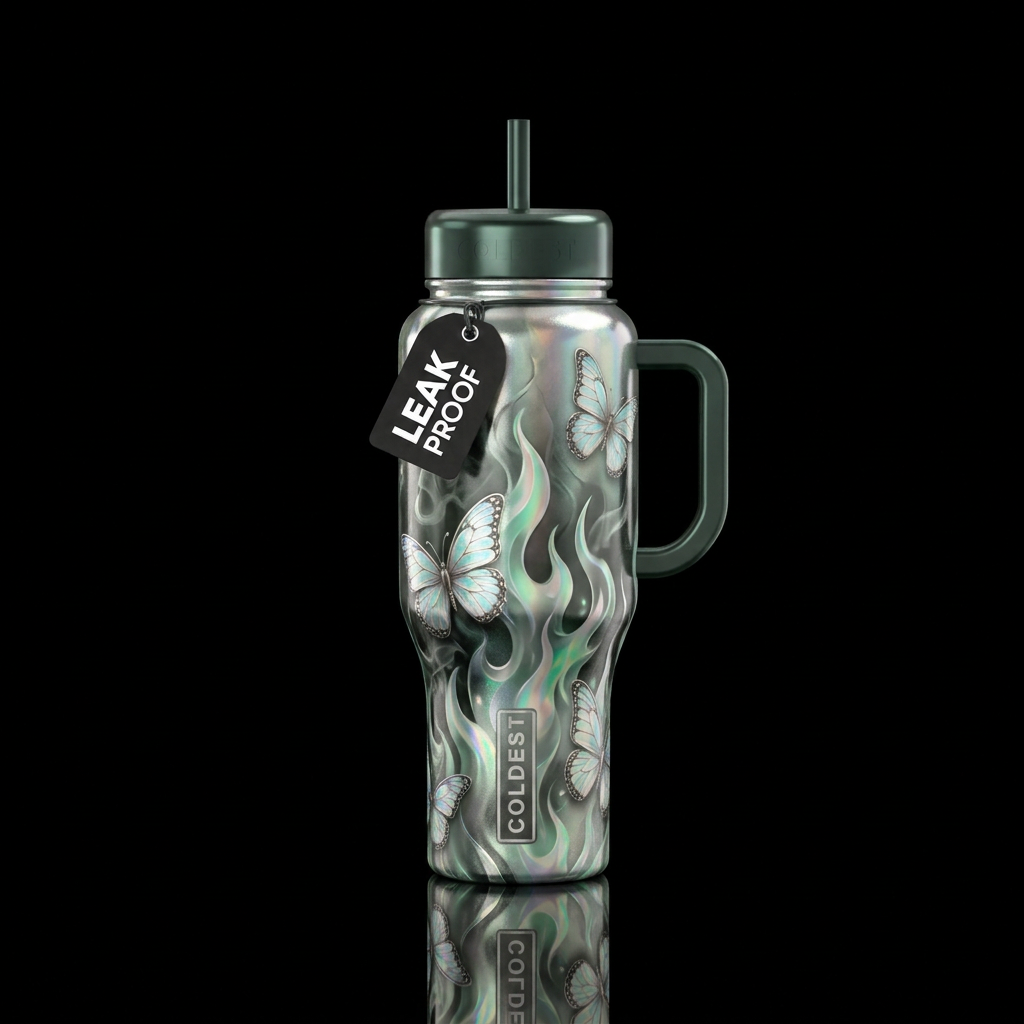Flames and butterflies water bottle design