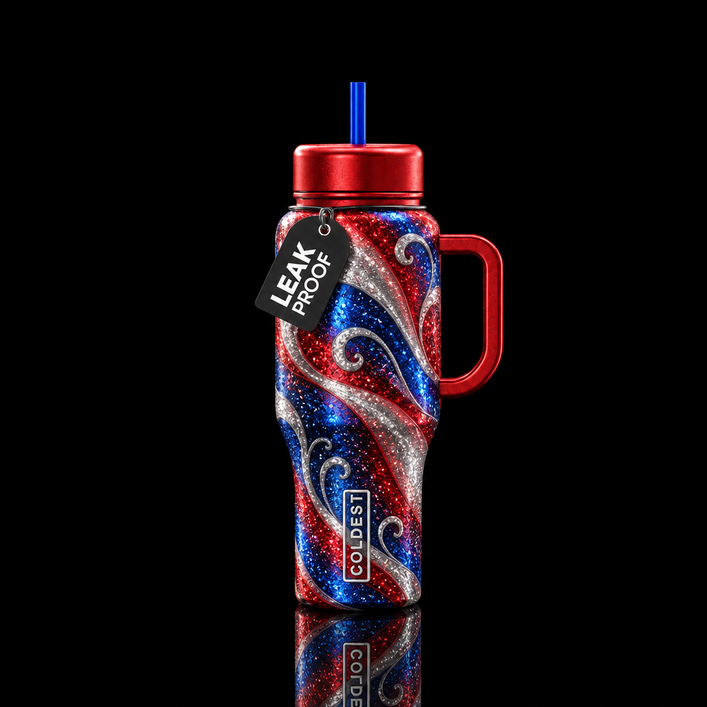 Flying with red, white and blue water bottle design