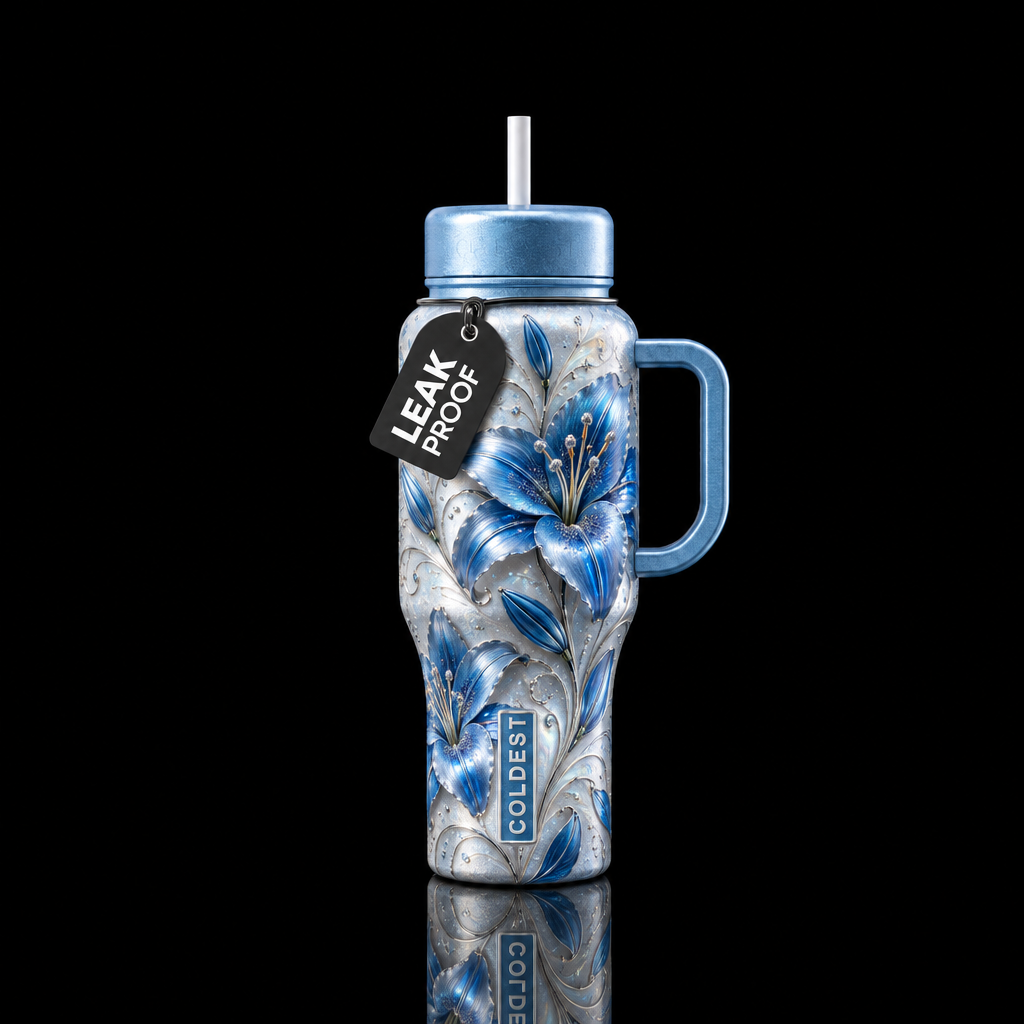 Whispering blue Lilies water bottle design
