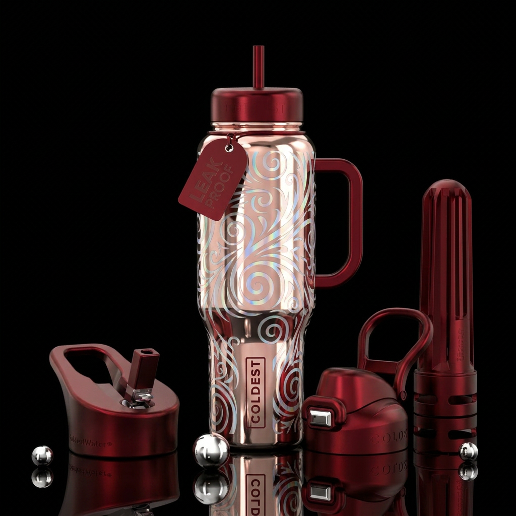Shiny Rose gold bottle with silver iridescent flor... water bottle design