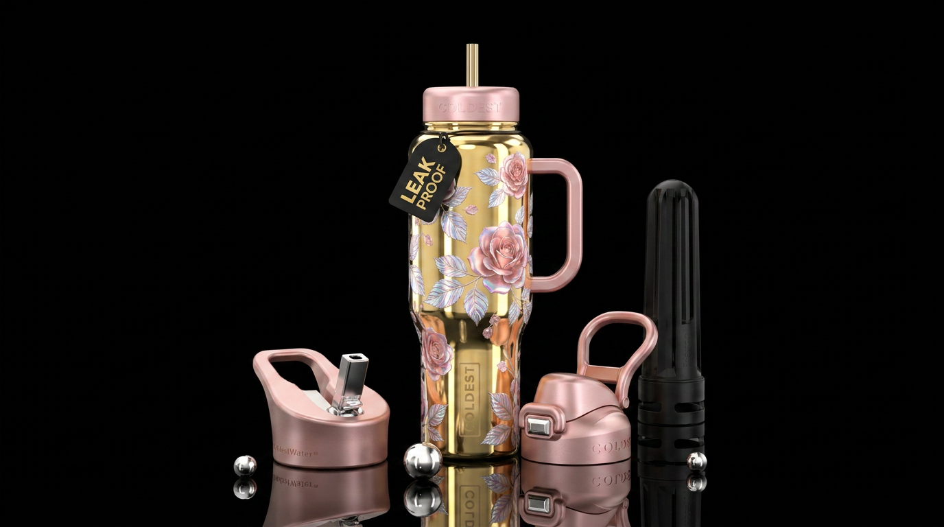 Shiny gold bottle with Iridescent rose gold flower... water bottle design