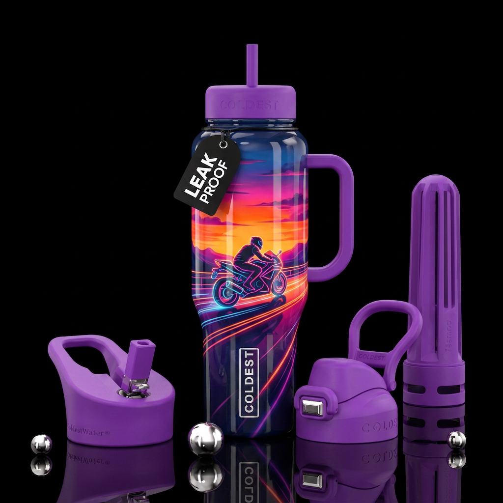 Glossy scenic sunset textured neon lines with glos... water bottle design