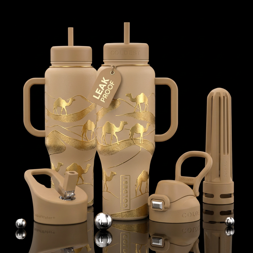 Matte light tan bottle with texture glossy gold du... water bottle design