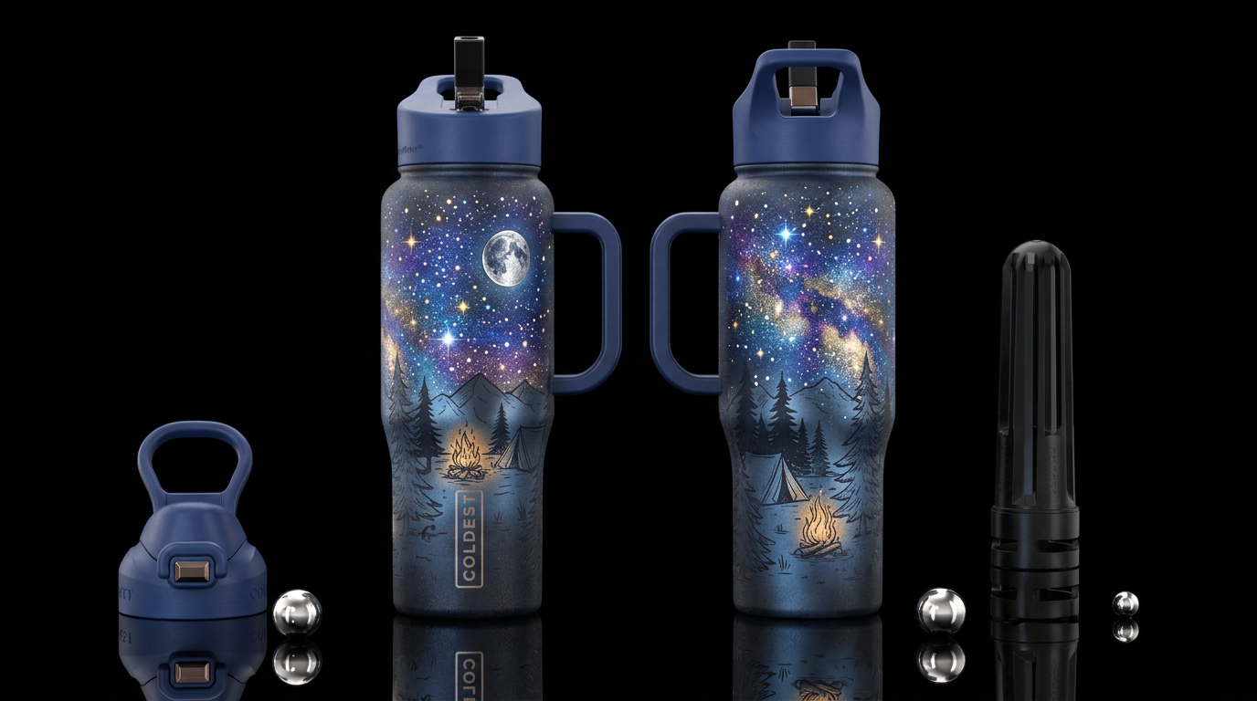 Matte Smokey bottle with sutt drawn camp scene in ... water bottle design