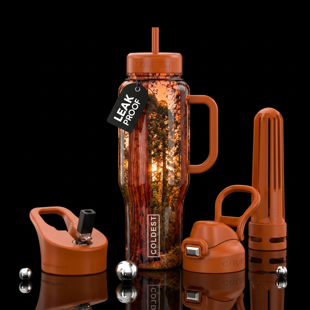 Glossy sunset sky bottle with sunlight peaking thr... water bottle design