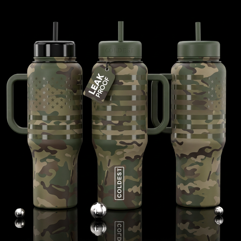 Matte camo bottle with glossy black American flag ... water bottle design