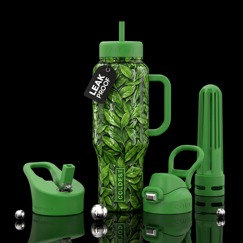 Glossy textured bottle layers of leaves with match... water bottle design