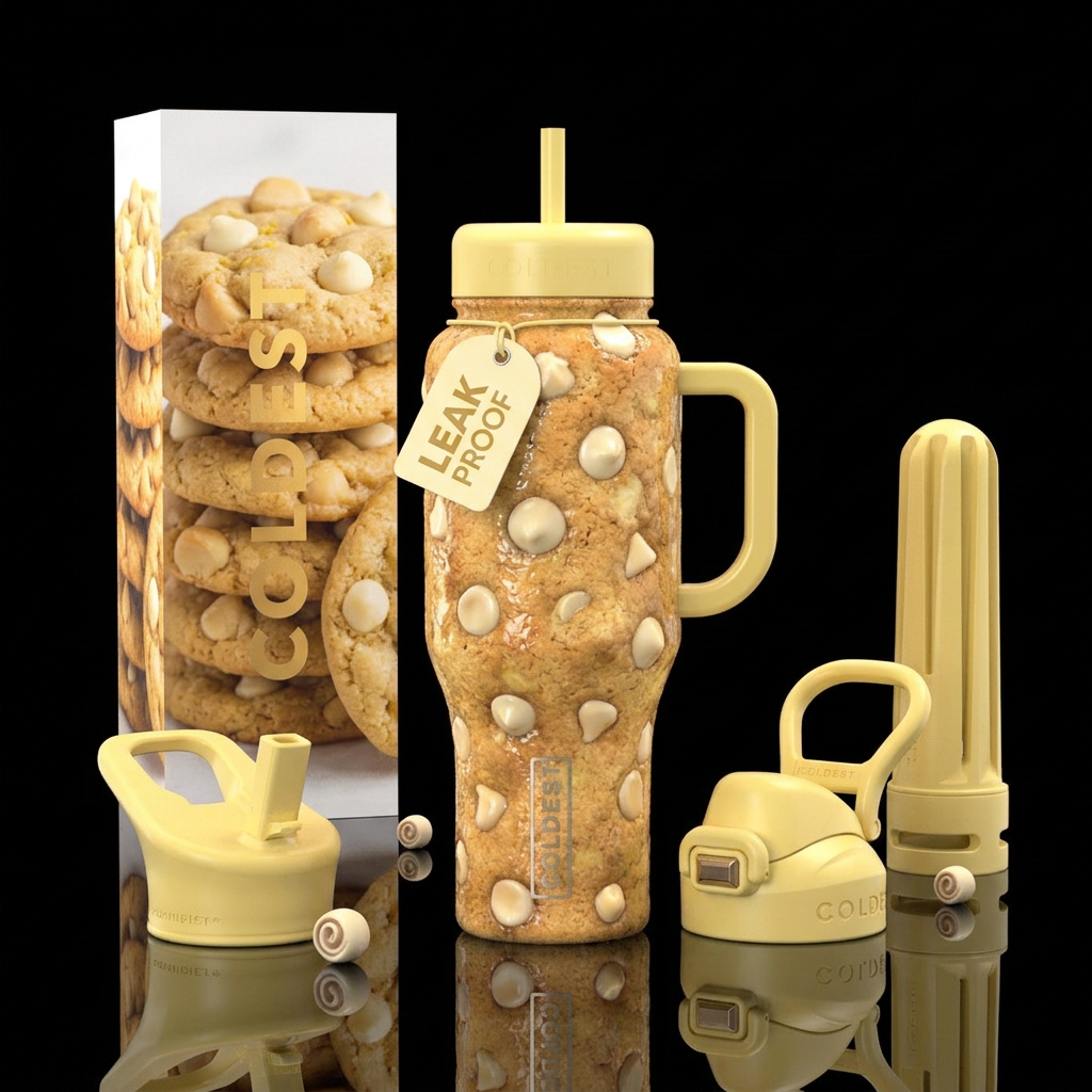 Cup made of a white chocolate chip lemon macadamia... water bottle design