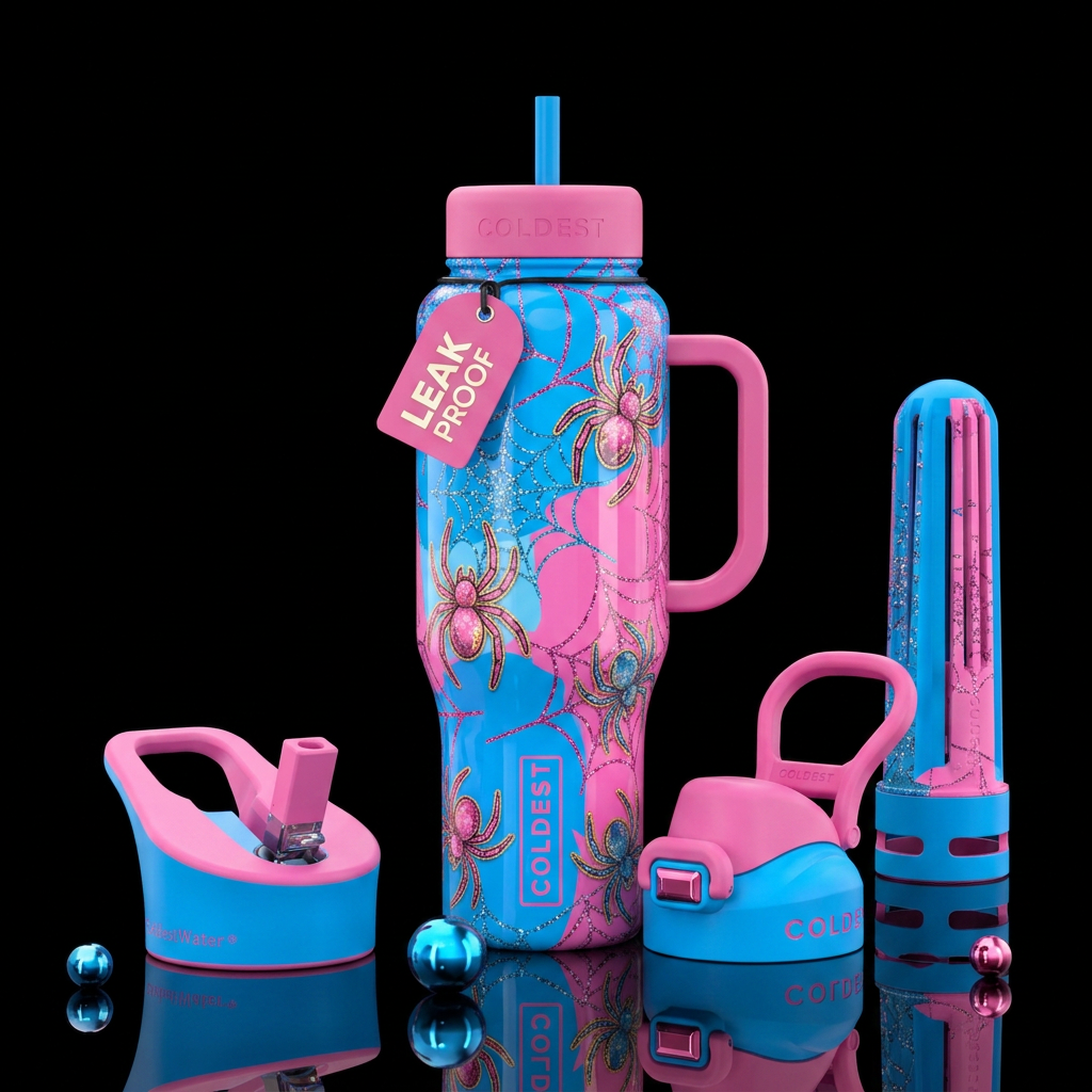 Bright blue and pink cup with glossy cute girly sp... water bottle design
