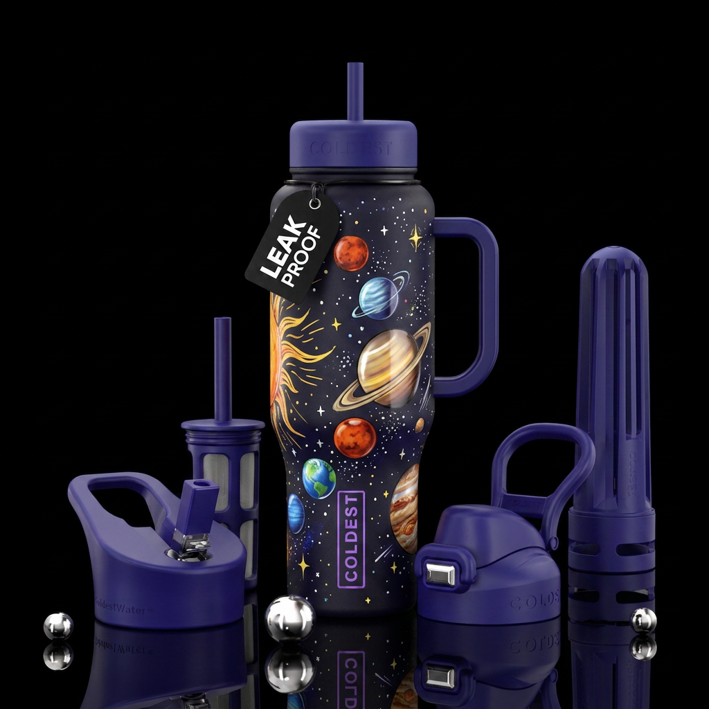 Matte colorful drawn space cup with glossy planets... water bottle design