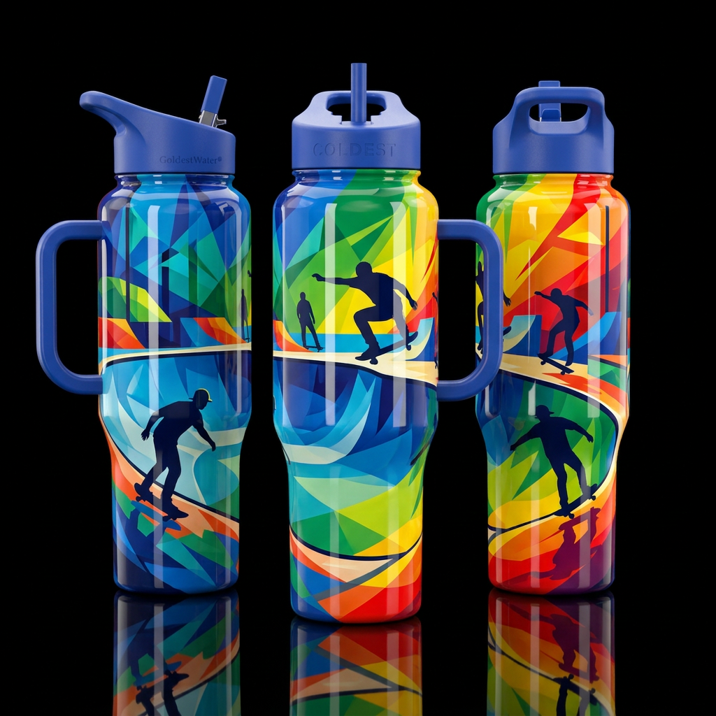Matte bottle with bold colors and sharp lines with... water bottle design