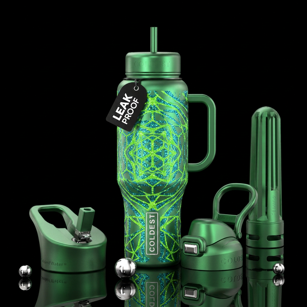 Matte green metallic bottle with glossy Neon chunk... water bottle design