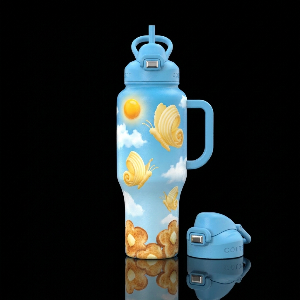 Butterflies made of butter on sky blue cup with eg... water bottle design