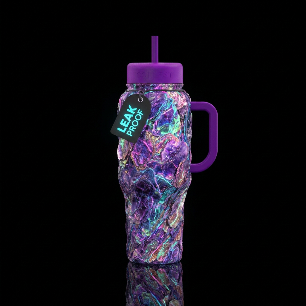 Raw flaky Mica and rock textured surface, neon, dr... water bottle design