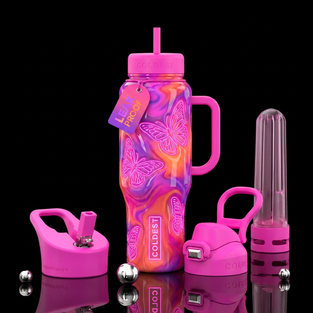 Highly glossy Pink, purple and orange neon wax wit... water bottle design