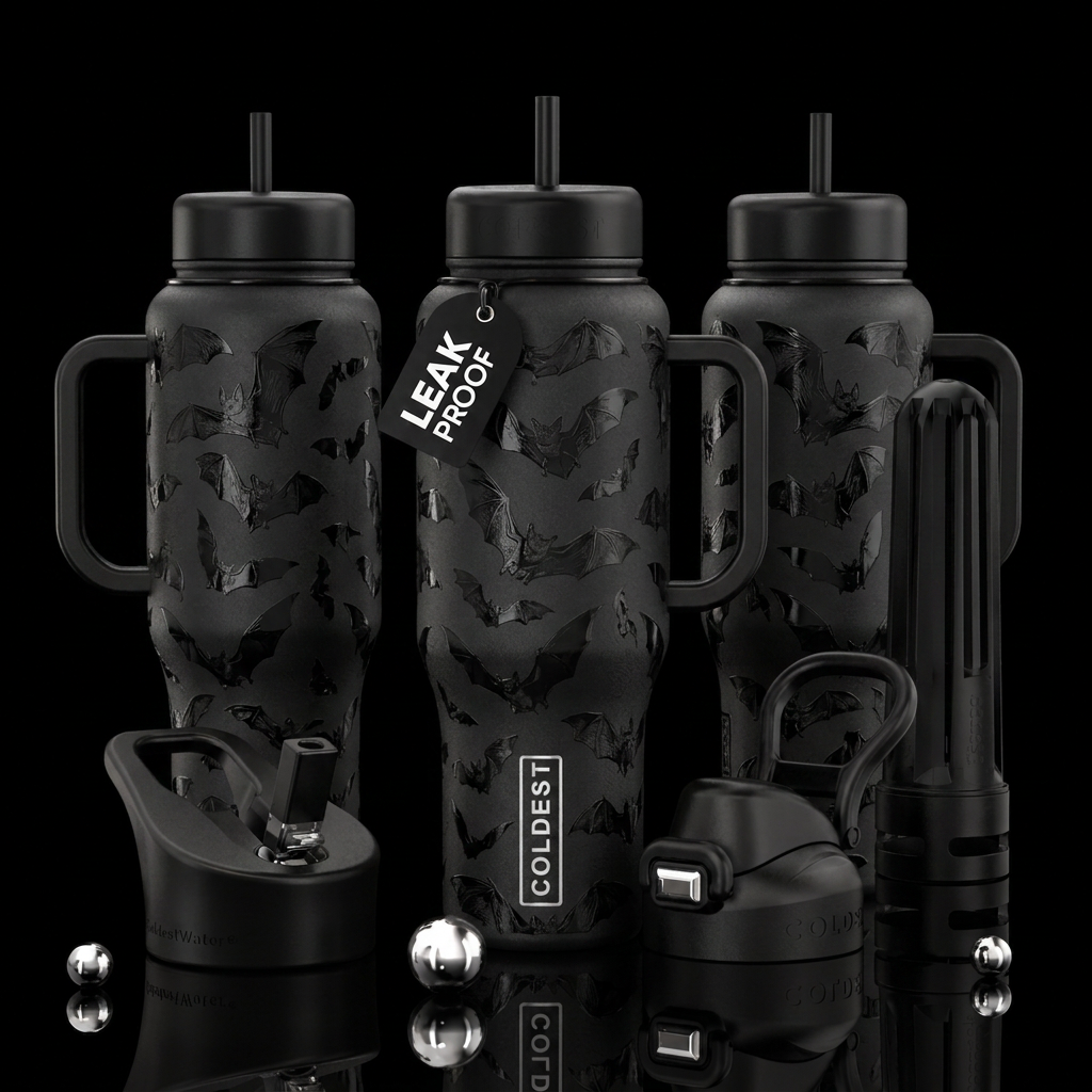 Matte metallic Black bottle with glossy flying bat... water bottle design