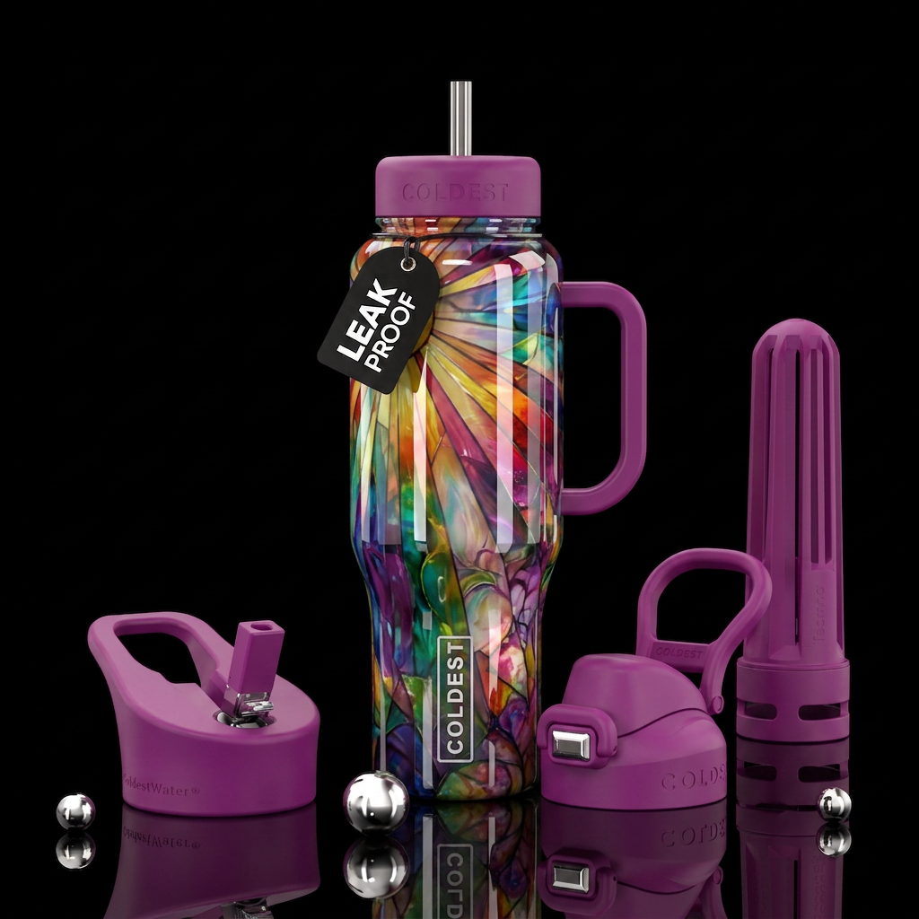 Glossy neon Bottle with trapped colorful sun rays ... water bottle design