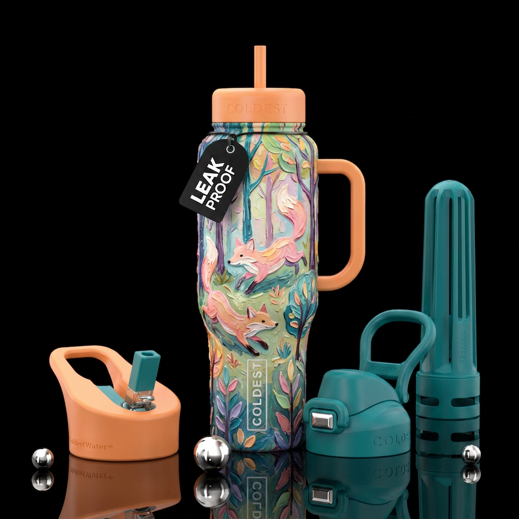 Glossy textured 3d oil painted pastel playing foxe... water bottle design