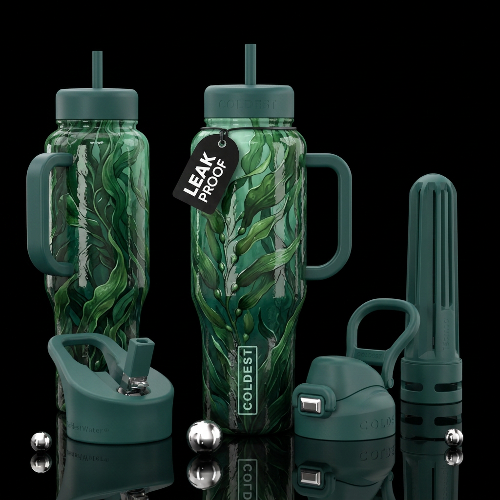 Glossy, green, kelp, sea weed, artistic with match... water bottle design