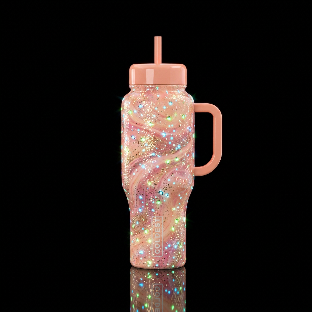 Peach, Pink, glowing fireflies with glitter, dream... water bottle design